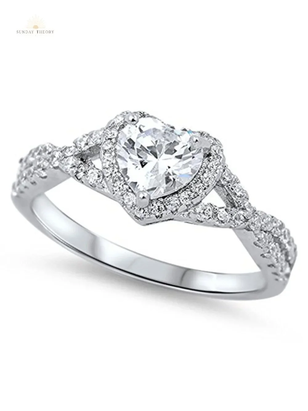 925 Sterling Silver Heart Halo Promise Ring Cubic Zirconia Band